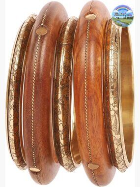 Handcrafted Wood Bangle Bracelet Set Wood & Brass Inlaid Chunky Boho Stackable